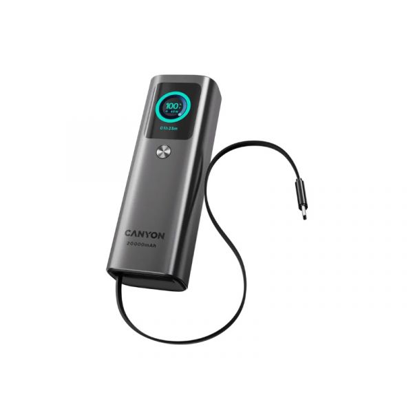 CANYON OnPower 265 20000mAh 165W Aluminium beépített kábeles power bank, sötétszürke